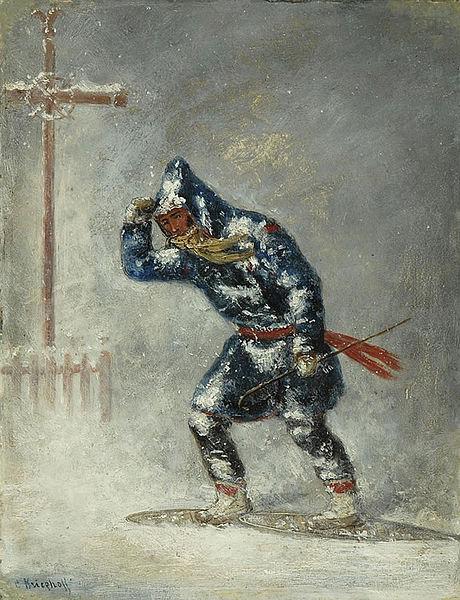 Cornelius Krieghoff 'Snowshoeing Home in a Blizzard' oil painting image